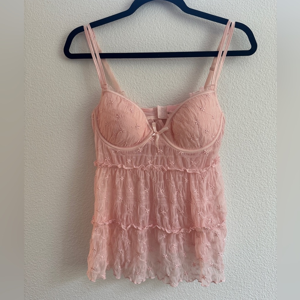 Victoria’s Secret Y2K pink lace floral teddy lingerie bra tank top